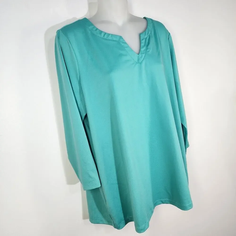 Susan Graver Essentials Top Womens Large Butterknit 3/4 Sleeve Split Neck Green